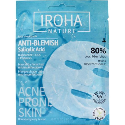 Iroha Nature Acne-Prone Skin Anti-Blemish Mascarilla Facial Tis&uacute; Mascarilla vegana antiimpefecciones regula exceso de sebo limpia poros y reduce la inflamaci&oacute;n