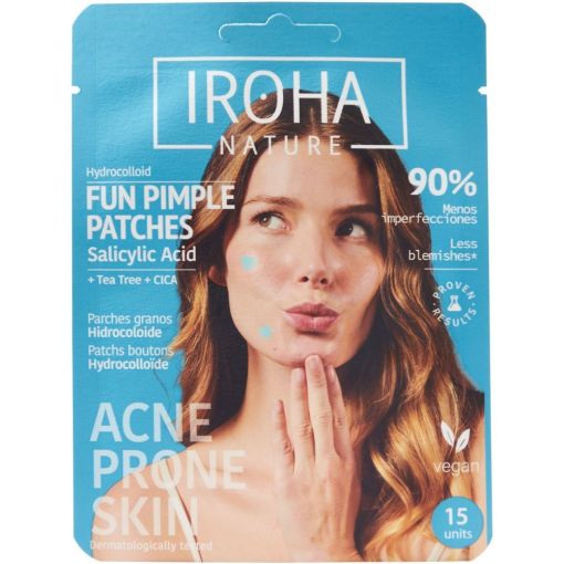 Iroha Nature Acne-Prone Skin Fun Pimple Parches Granos Hidrocoloide Parches para granos veganos eliminan protegen y cicatrizan los granos absorbiendo exceso de sebo y grasa 15 uds