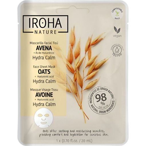 Iroha Nature Avena Hydra Calm Mascarilla Facial Tis&uacute; Mascarilla facial vegana hidrata intensamente y ofreciendo alivio y confort instant&aacute;neo a la piel