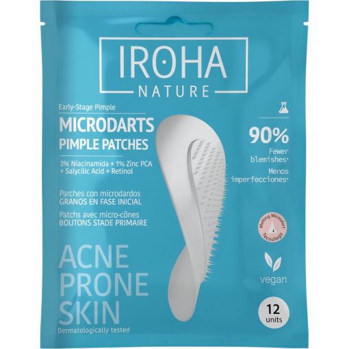 Iroha Nature Acne-Prone Skin Parches Con Microdardos Parches de tratamiento localizado antigranosa actuan de forma intensiva sobre los granos sin punta con ácido hialurónico liofilizado 12 uds