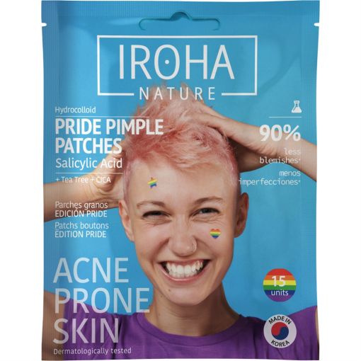 Iroha Nature Acne-Prone Skin Pride Pimple Parches Granos Edici&oacute;n Limitada Parches para granos veganos eliminan protegen y cicatrizan los granos absorbiendo exceso de sebo y grasa 15 uds