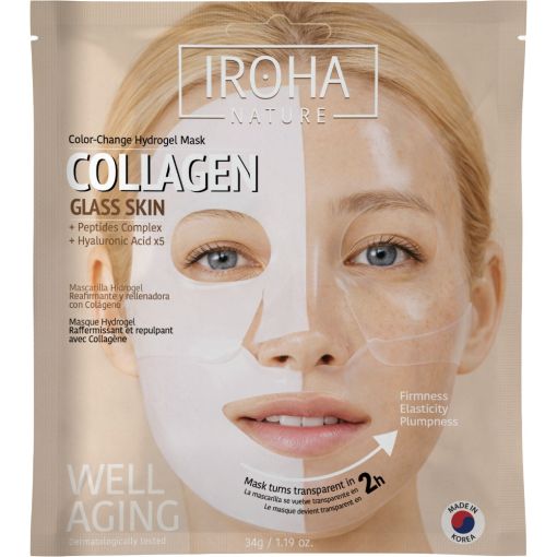 Iroha Nature Glow Skin Collagen Glass Skin Mascarilla Hidrogel Mascarilla facial vegana de hidrogel hidrata reafirma y rellena con col&aacute;geno ofreciendo un efecto glow