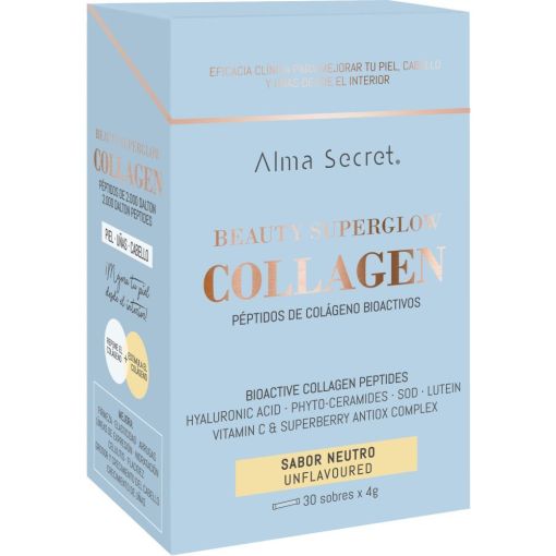 Alma Secret Beauty Superglow Collagen Sabor Neutro Nutricosmético avanzado para piel más firme fortalece cabello y uñas mejorando celulitis y flacidez 30 sobres