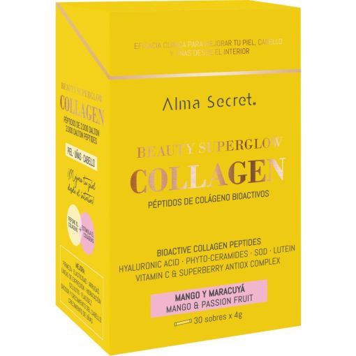 Alma Secret Beauty Superglow Collagen Sabor Mango Y Maracuy&aacute; Nutricosm&eacute;tico avanzado para piel m&aacute;s firme fortalece cabello y u&ntilde;as mejorando celulitis y flacidez 30 sobres