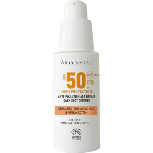 Alma Secret High Protection Anti-Pollution Age Defenser Spf 50 Crema solar facial libre de aceites antimanchas ilumina protege y combate la edad 50 ml