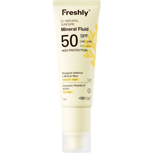 Freshly Cosmetics D+ Natural Suncare Mineral Fluid Spf 50 Fluido solar facial de textura fluida y r&aacute;pida absoci&oacute;n estimula la producci&oacute;n de serotonina 50 ml