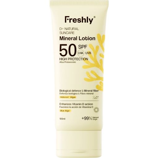 Freshly Cosmetics D+ Natural Suncare Mineral Lotion Spf 50 Protector solar corporal de textura fluida y r&aacute;pida absorci&oacute;n estimula la producci&oacute;n de serotonina 100 ml