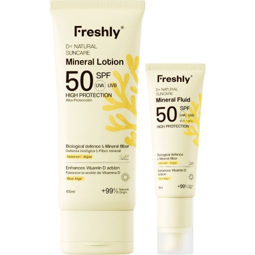Freshly Cosmetics D+ Natural Suncare Set Set de protecci&oacute;n solar facial y corporal de textura ligera y r&aacute;pida absorci&oacute;n estimula la producci&oacute;n de serotonina