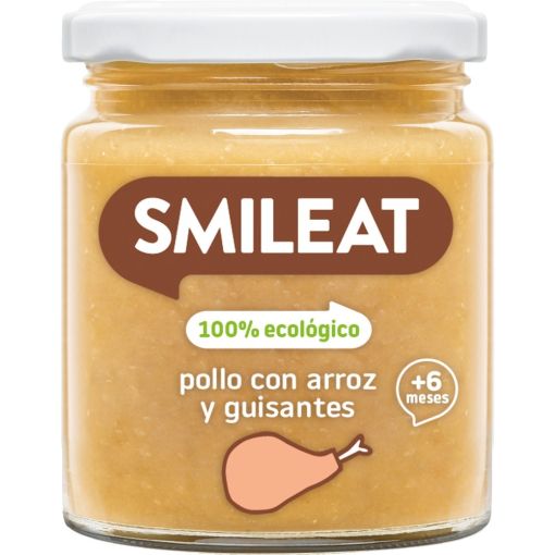 Smileat Tarrito Pollo Con Arroz Y Guisantes Tarrito sin gluten ni az&uacute;car elaborado con ingredientes ecol&oacute;gicos para un crecimiento sano a partir de 6 meses 230 gr
