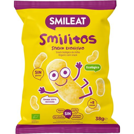 Smileat Smilitos Snack Ecol&oacute;gico De Ma&iacute;z Snak crujiente sin gluten ni az&uacute;car elaborado con ingredientes ecol&oacute;gicos perfecto para el cole a partir de 8 meses 38 gr