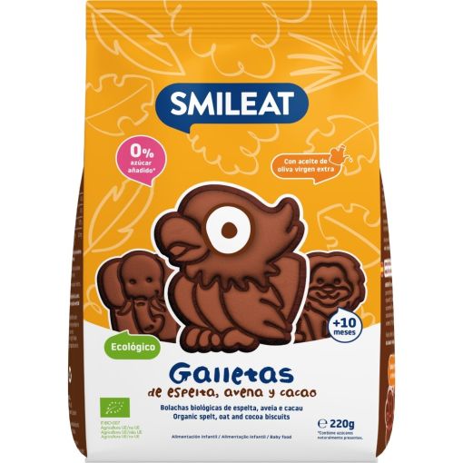 Smileat Galletas De Espelta Avena Y Cacao Galletas sin gluten ni az&uacute;car elaboradas con ingredientes ecol&oacute;gicos perfectas para tomar con leche a partir de 10 meses 220 gr
