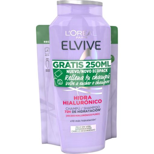 Elvive Hidra [Hialurónico] Champú+Recarga Gratis Pack regalo capilar rellena la fibra con ácido hialurónico hasta 72 horas de hidratación para cabello deshidratado