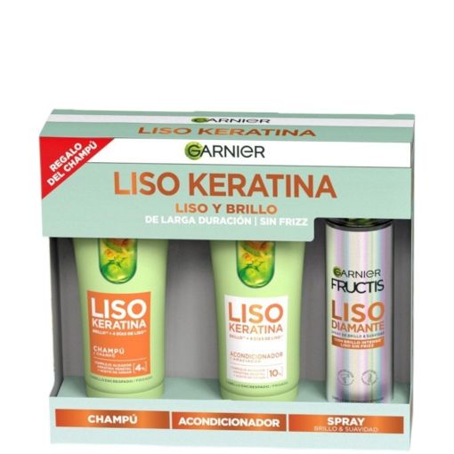 Fructis Liso Keratina Estuche Set capilar vegano eleva el allisado controla el encrespamiento y potencia el brillo para cabello encrespado