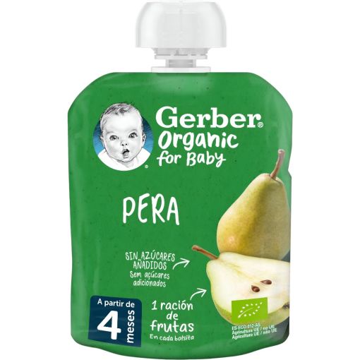 Gerber Organic For Baby Bolsita Pera Bolsita ecológica sin azúcares ideal para dar como postre o merienda a partir de 4 meses 90 gr