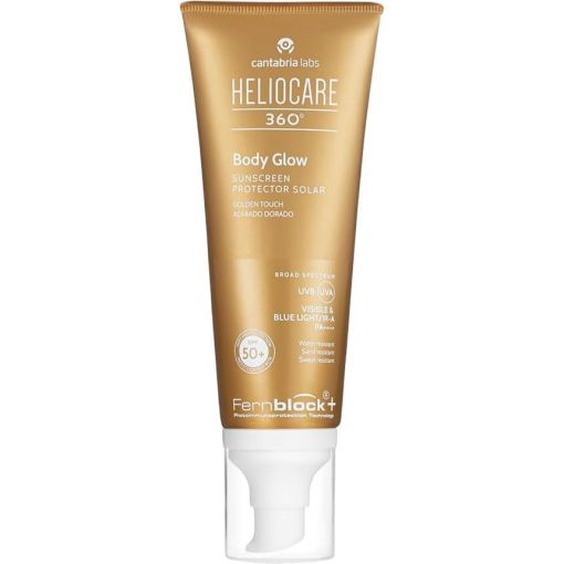 Heliocare 360º Body Glow Protector Solar Spf 50+ Protector solar corporal previene el daño solar y los signos de envejecimiento con acabado dorado brillante 100 ml