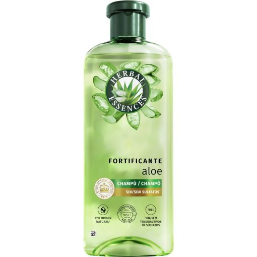 Herbal Essences Aloe Fortificante Champ&uacute; Champ&uacute; vegano hidrata profundamente revitalizando con aroma a jam&iacute;z para cabello seco 350 ml