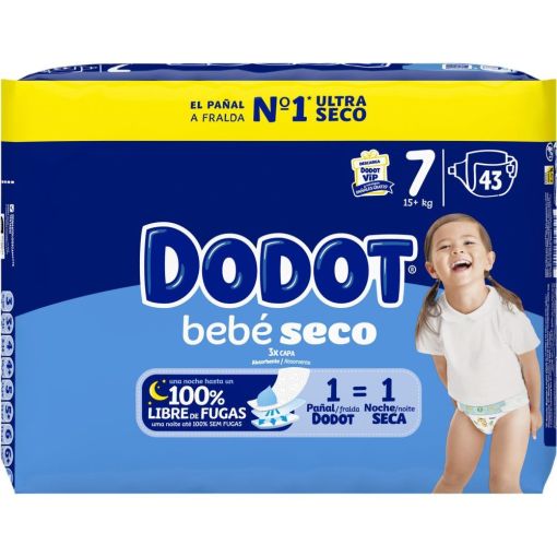 Dodot Pañales Bebé-Seco 15-24 Kg Talla 7 Pañal suave antifugas con ajuste cómodo ofrece hasta 12 horas de protección gracias a su núcleo absorbente 43 uds