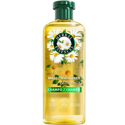 Herbal Essences Camomila Brillo Y Revitalizante Champ&uacute; Champ&uacute; vegano potencia el brillo y la suavidad con un aroma floral y estimulante para cabello apagado 350 ml