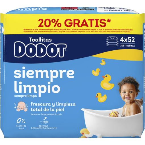 Dodot Toallitas Cl&aacute;sica Pack Toallitas sin alcohol ni parabenos limpian e hidratan en cada pasada ofreciendo fresca fragancia 208 uds