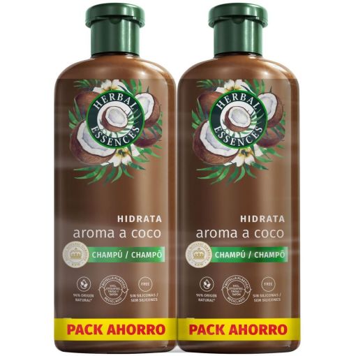 Herbal Essences Aroma A Coco Hidrata Champ&uacute; Duplo Pack Ahorro Champ&uacute; vegano hidratante ofrece una sensaci&oacute;n de equilibrio con suave aroma para cabello seco 2x350 ml