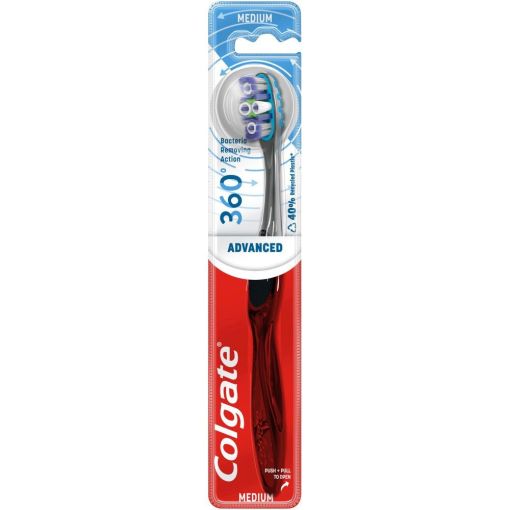 Colgate Cepillo Dental Medio Whole Mouth Health 360&ordm; Advanced Cepillo de dientes con 4 zonas de acci&oacute;n para eliminar las bacterias