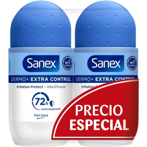 Sanex Dermo+ Extra Control Desodorante Roll-On Precio Especial Desodorante sin alcohol ofrece protección efectiva y duradera cuidando la piel hasta 72 horas 2x50 ml