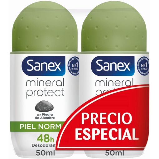 Sanex Mineral Protect Desodorante Roll-On Duplo Precio Especial Desodorante sin alcohol con piedra de alumbre ofrece 48 horas de protecci&oacute;n contra el mal olor 2x50 ml