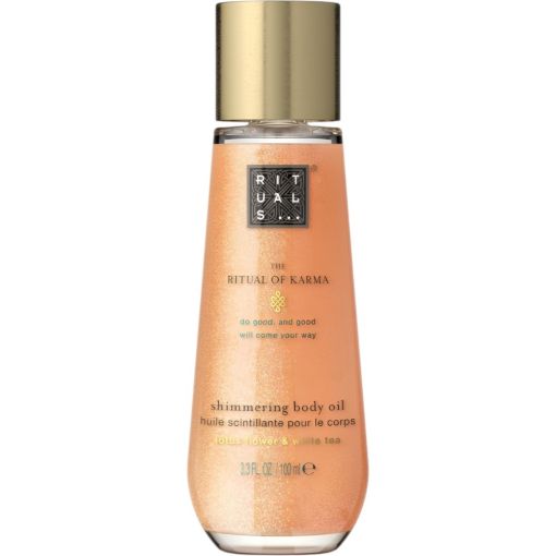 Rituals The Ritual Of Karma Shimmering Body Oil Aceite corporal hidrata suaviza e ilumina con destellos dorados y aroma a flor de loto sagrado y t&eacute; blanco 100 ml
