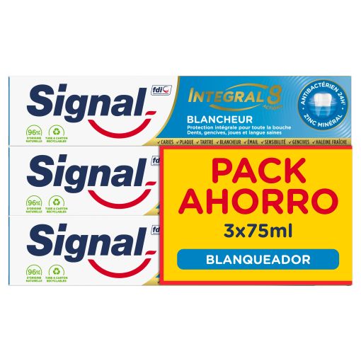Signal Dentífrico Integral 8 Blanqueador Triple Pack Ahorro Pasta de dientes blanquea tus dientes 3x75 ml