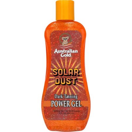 Australian Gold Solar Dust Dark Tanning Power Gel Gel bronceador corporal ofrece un brillo dorado gracias a sus partículas brillantes que realzan la calidez del sol en la piel 237 ml