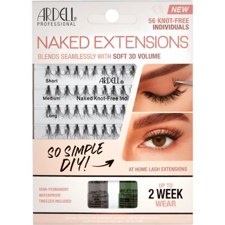 Ardell Pestañas Postizas Naked Extensions 3d Volume+Pegamento Pestañas postizas individuales acabado natural 2 semanas de duración 56 uds