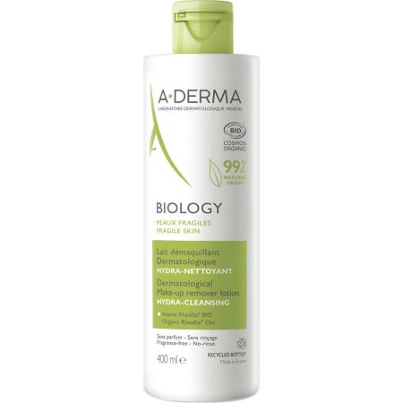 A-Derma Biology Lait Démaquillant Dermatologique Hydra-Nettoyant Leche vegana desmaquillante limpia y elimina suavemente sin resecar 400 ml