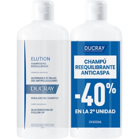 Ducray Elution Shampooing Rééquilibrant Duplo Formato Especial Champú anticaspa y calmante limpia con suavidad y limita el riesgo de recidivas de la caspa 2x400 ml