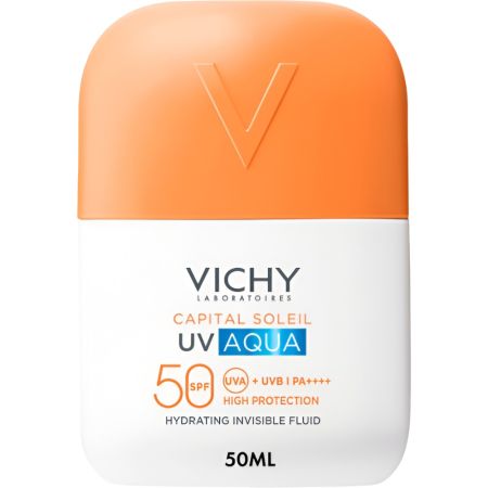 Vichy Capital Soleil Uv Aqua Hydrating Invisible Fluid Spf 50 Fluido solar facial hidatante sin color resistente al agua y a la sudor controla la grasa hasta 12 horas 50 ml
