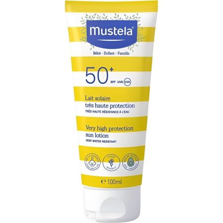 Mustela Leche Solar Muy Alta Protección Spf 50+ Leche solar no grasa ni pegajosa resistente al agua y a la arena ofrece una protección muy alta