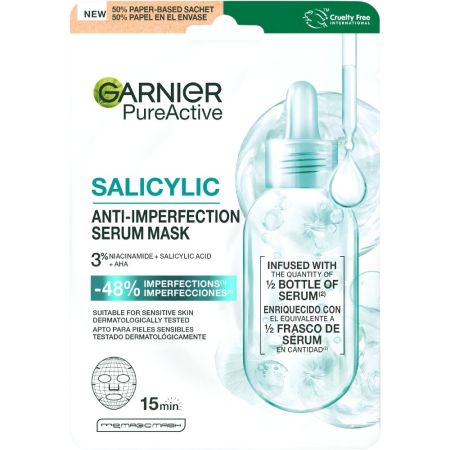 Garnier Pure Active Salicylic Anti-Imperfection Serum Mask Mascarilla facial antiimperfecciones purifica tu piel en sólo 15 minutos con niacinamida y ácido salicílico