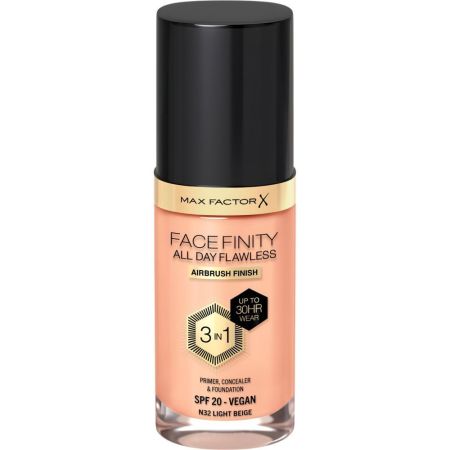 Max Factor Facefiinity All Day Flawless 3 En 1 Spf 20 Base de maquillaje vegana de alta cobertura para acabado profesional de larga duración