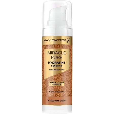Max Factor Miracle Pure Hydratint Essence Base de maquillaje de textura ligera ofrece hidratación instantánea y duradera hasta 8 horas para piel luminosa