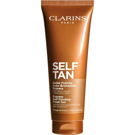 Clarins Self Tan Gelée Auto-Bronzante Express Gel autobronceador facial y corporal de textura no grasa ofrece un acabado uniforme realzando la luminosidad 125 ml