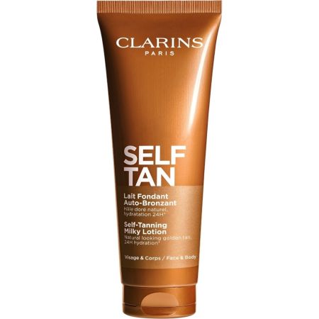 Clarins Self Tan Lait Fondant Auto-Bronzant Leche autobronceador facial y corporal de textura no grasa ofrece un acabado uniforme realzando la luminosidad 125 ml