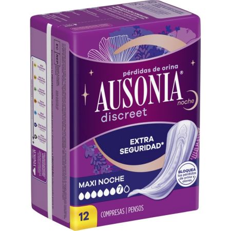 Ausonia Discreet Maxi Noche Compresas Compresas para pérdidas de orina superabsorbentes ofercen protección total y ajuste discreto sin olor 12 uds