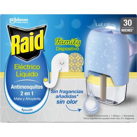 Raid Insecticida Family Eléctrico Líquido Antimosquitos 2 En 1 Insecticida eléctrico líquido mata y ahuyenta sin olor 30 noches