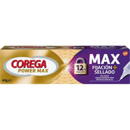 Corega Power Max Fijación+Sellado Crema Fijadora Crema fijadora para prótesis ofrece fijación fuerte ayudando a proteger las encías de irritación