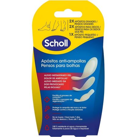 Scholl Apósitos Anti-Ampollas Pensos Para Talón Y Dedos Apósitos grandes para talón y dedos ayudan a combatir la ampolla con alivio inmediato 5 uds