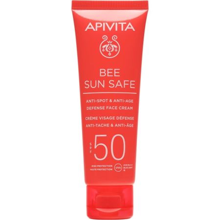 Apivita Bee Sun Safe Anti-Spot & Anti-Age Defense Face Cream Spf 50 Protector solar facial brinda una acción dual contra las manchas oscuras y las arrugas 50 ml