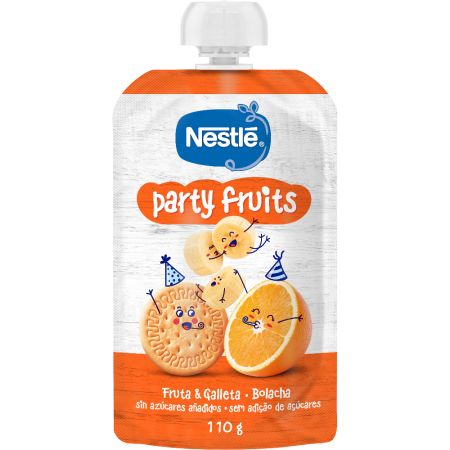 Nestle Bolsita Party Fruits Fruta & Galleta Bolsita sin gluten con una combinación de frutas y galleta a partir de 12 meses 110 gr