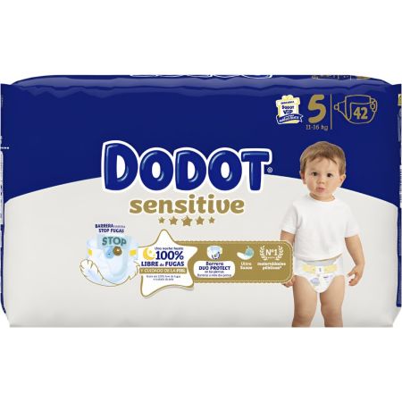 Dodot Pañales Sensitive 11-16 Kg Talla 5 Pañal de máximo absorción mantendrán seco a tu bebé incluso cuando moje con abundancia 42 uds