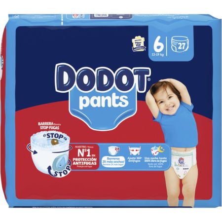 Dodot Pants Pañal-Braguita 13-19 Kg Talla 6 Pants antifugas ultraabsorbente con cintura elástica y ajuste 350º hasta 12 horas de protección 27 uds