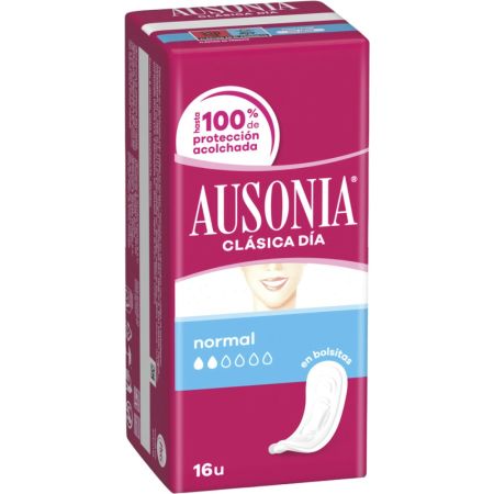 Ausonia Compresas Clásica Día Normal Compresas de dia sin alas antifugas se adaptan a tu cuerpo para hacerte sentir cómoda y segura 16 uds