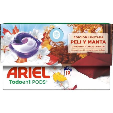 Ariel Detergente Todo En 1 Pods Peli Y Manta Edición Limitada Detergente en cápsulas quitamanchas ilumina refresca y protege ofreciendo un aroma a gardenia y arce dorado 19 uds